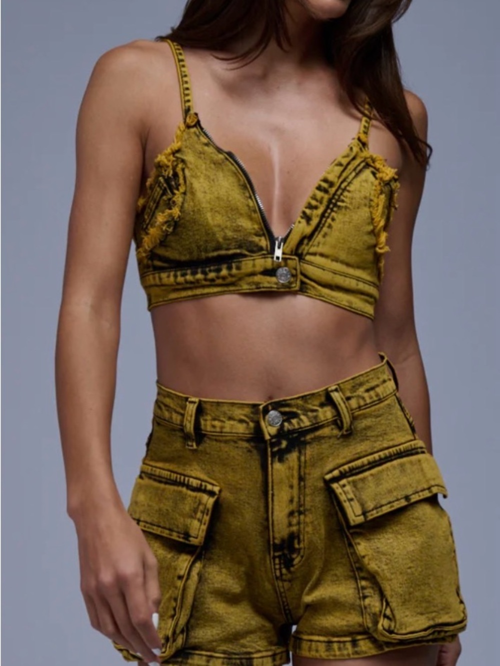 AKIRA | Yellow Acid-Wash Denim Bralette & Cargo Shorts | SET